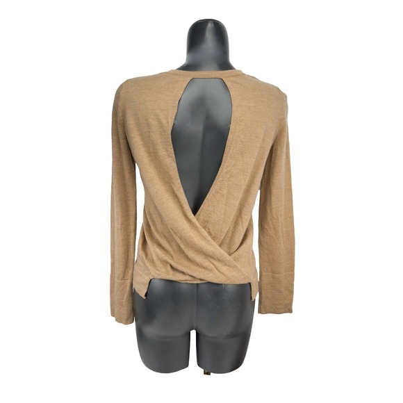 Wool Blend Open Back Crossover Twist Detail Tan Knit Sweater Size S - Picture 3 of 4